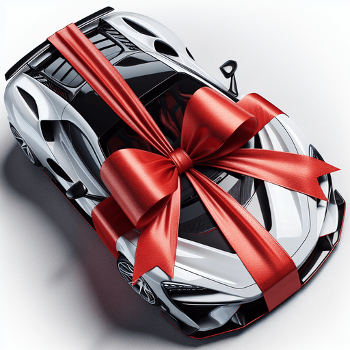 top full view luxury white sports car with a red ribbon