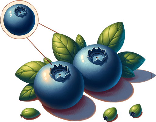 A couple of blueberries.
Single Game Texture. In-Game asset. 2d. Blank background. High contrast. No shadows.