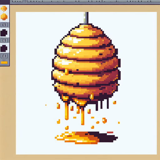 pixelart.a large yellow beehive hanging in the air, dripping from honey..
Single Game Texture. In-Game asset. 2d. Blank background. High contrast. No shadows.
