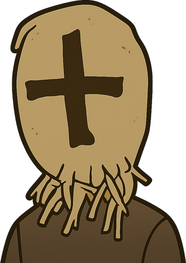Man with bag on head with cross on it. No background. Transparent background. Blank background. No shadows. 2d. In-Game asset. flat