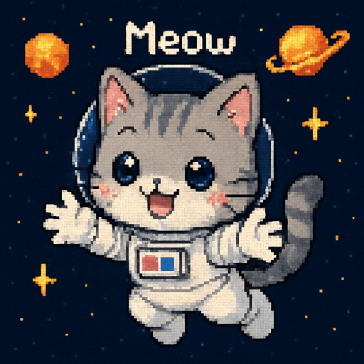 A cute gray kitten, drawn in an adorable chibi anime style and wearing an astronaut suit, floats in outer space with its little paws outstretched as if reaching out for a hug. It meows sweetly, and the entire scene is illustrated in charming Pixel Art style.