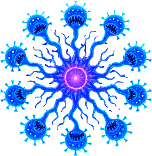 multi-headed virus monster, branching tendrils, glowing core, topdown view, blue and purple neon, organic digital fusion style, symmetrical, circular.
In-Game asset.  2d.  High contrast.  No shadows