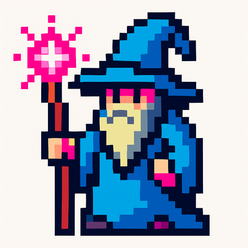 piksel büyücü.
In-Game asset.  2d.  High contrast.  No shadows