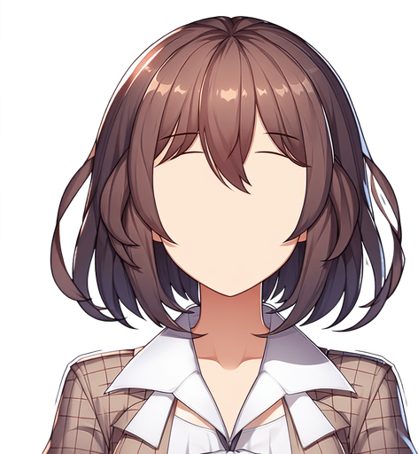 A beautiful woman in a anime style with no eye, no eyebrow and no mouth.
Single Game Texture. In-Game asset. 2d. Blank background. High contrast. No shadows.