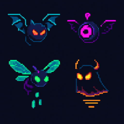 Crea enemigos voladores estilo pixel art, ideales para un juego de plataformas retro. Deben flotar o volar sobre el jugador, con movimientos suaves o erráticos. Pueden tener alas mecánicas, alas de insecto, o simplemente levitar con energía. Que se vean amenazantes, pero simples de animar.

Pueden tener:

Ojos brillantes o un solo ojo (tipo dron o criatura mágica).

Colores oscuros o neón, para resaltar en niveles digitales o de noche.

Algunos pueden disparar proyectiles, otros solo hacen daño al contacto..
In-Game asset.  2d.  High contrast.  No shadows