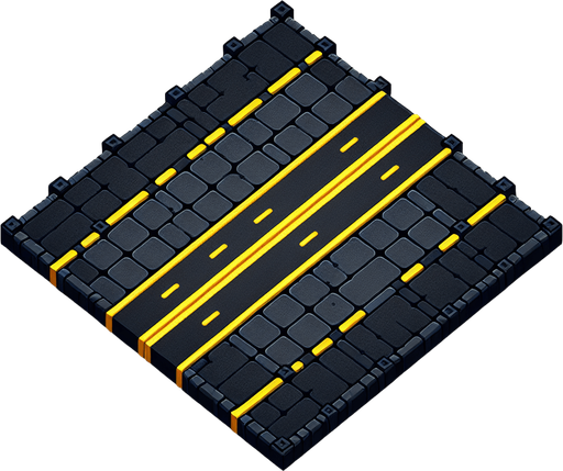 give me a rectangle shaped video game looking Road, For Example, Black concrete with the yellow lines, but horizontally.
Single Game Texture.  In-Game asset.  2d.  Blank background.  High contrast.  No shadows