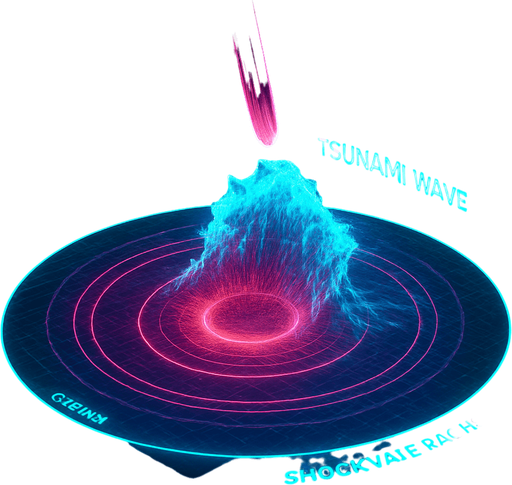 Overhead digital simulation hologram of oceanic meteor impact tsunami wave shockwave radius circle outward crashing neon cyberpunk 3d diagram