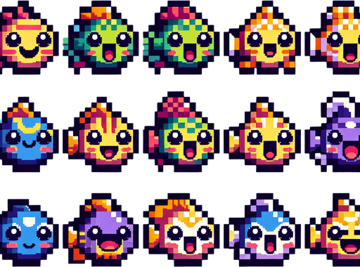 A pallet of 10 different unique fish. 8-bit art style. Fun, happy facial expressions..
Single Game Texture. In-Game asset. 2d. Blank background. High contrast. No shadows.