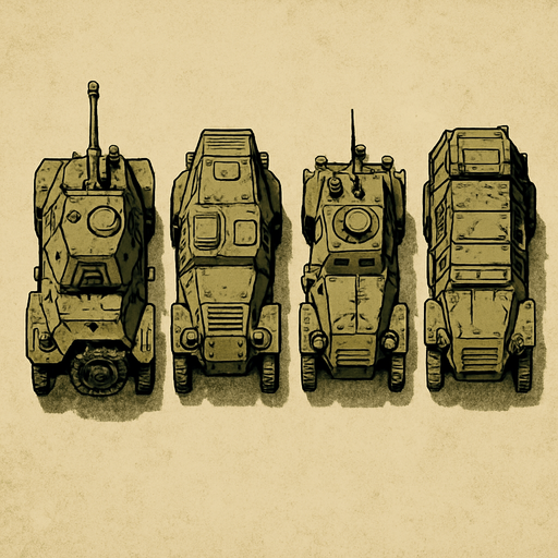 military, old, Light Armored Vehicles, top view.
In-Game asset.  2d.  High contrast.  No shadows