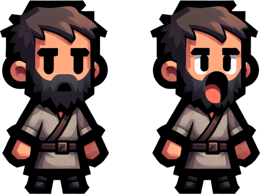 маленький бородатый парень и он же с открытым ртом.
Single Game Texture. In-Game asset. 2d. Blank background. High contrast. No shadows.