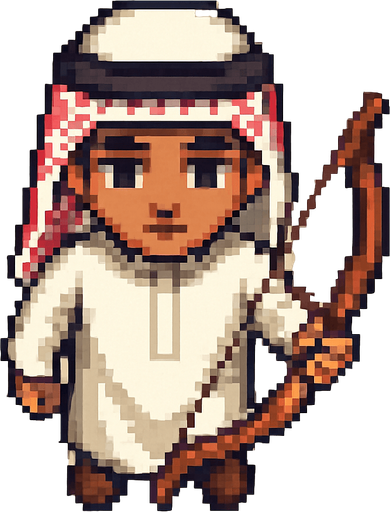 birdview 17 years old arabian boy with traditional outfit. And he is holding a bow. Pixel art png.
In-Game asset.  2d.  High contrast.  No shadows