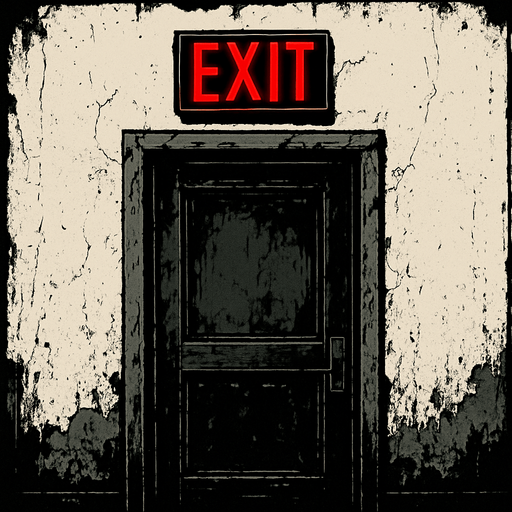 Make a door with a white wall like it was in an abandoned school on top of the door is a glowing red exit sign.
In-Game asset.  2d.  High contrast.  No shadows
