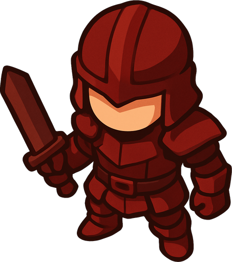 Guerrero vestido de cuero color rojo.
In-Game asset.  2d.  High contrast.  No shadows. Vista superior. Lineless. Chibi