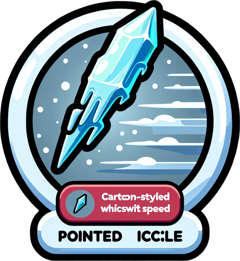 Icon for a very speedy icicle, on a circle, with the text „pointed Icicle“ at top, cartoon Single Game Texture. In-Game asset. 2d. Blank background. High contrast. No shadows.