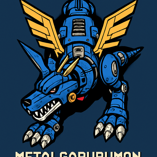 Metalgarurumon, visto desde arriba, detalles muy épicos.
In-Game asset.  2d.  High contrast.  No shadows