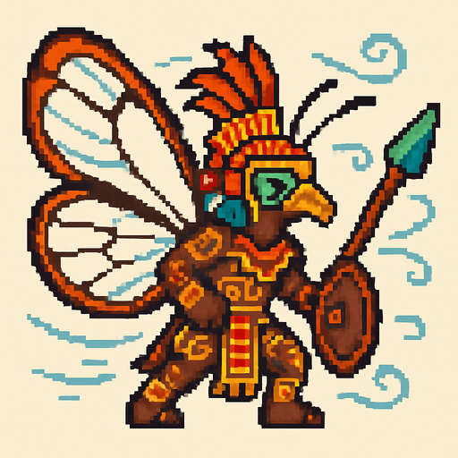 Generame un guerrero azteca con patrones, estilo pixelar, además será una Mariposa alas de vidrio (Greta oto), unidad voladora con alas, con efectos de viento. Tiene que ser un animal..
In-Game asset.  2d.  High contrast.  No shadows