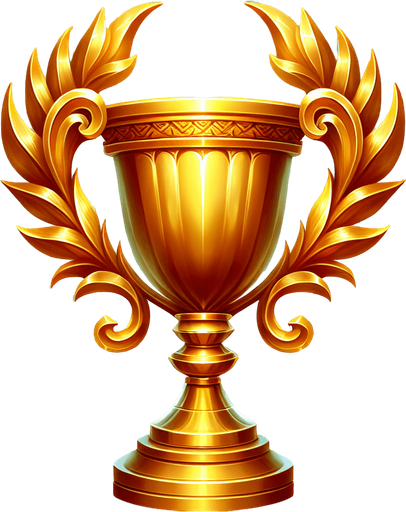 Golden trophy.
Single Game Texture. In-Game asset. 2d. Blank background. High contrast. No shadows.