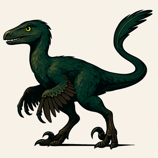 A sleek Deinonychus dinosaur covered with dark green and brown feathers, showing a mix of short downy feathers on the body and longer, quill-like feathers on the arms and tail. It has bright, alert eyes and a narrow head with sharp teeth visible. The legs are muscular with the signature sickle-shaped claws. Feathers have a glossy texture, giving the dinosaur a dynamic, bird-like appearance..
In-Game asset.  2d.  High contrast.  No shadows