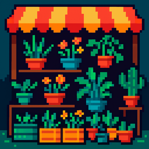un  mercado de plantas de pixeles.
In-Game asset.  2d.  High contrast.  No shadows