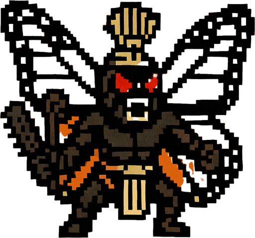 Genérame una Mariposa monarca guerrero azteca con eso patrones, estilo pixelar, con una apariencia maligna, ojos rojos, rabioso. Unidad aerea con alas. Animal.
In-Game asset.  2d.  High contrast.  No shadows