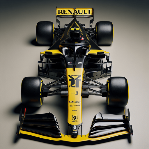 Photorealistic F1 Renault race car. TOP VIEW.
Shiny black body with shiny yellow nose. 
Replace every ,,RENAULT" texts to ,,RENAIULT".
Yellow rear wing. Black ,,RENAIULT" text and logo on nose with black racenumber.