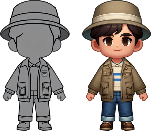A boy with jacket hat and shirt pants.
Single Game Texture. In-Game asset. 2d. Blank background. High contrast. No shadows.