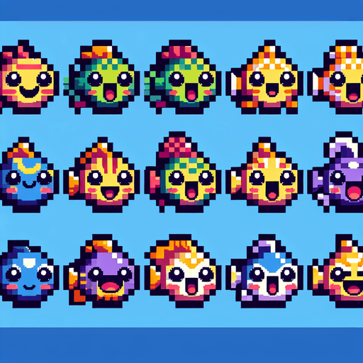 A pallet of 10 different unique fish. 8-bit art style. Fun, happy facial expressions..
Single Game Texture. In-Game asset. 2d. Blank background. High contrast. No shadows.