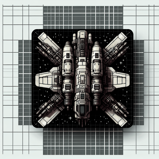 Космолет с оружием и видом с верху.
Single Game Texture. In-Game asset. 2d. Blank background. High contrast. No shadows.