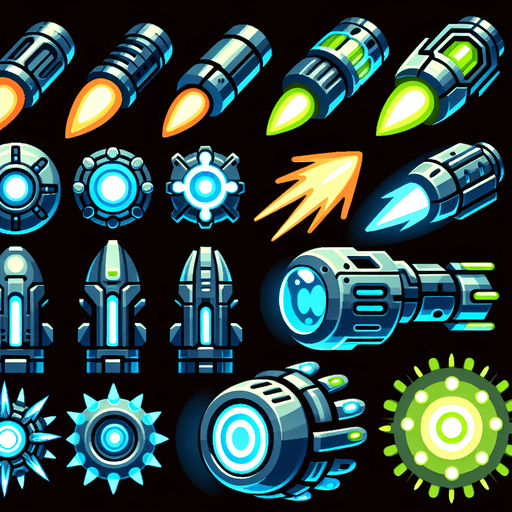 Bullets should have a sleek, futuristic design, such as glowing projectiles, plasma shots, or energy beams.
Use bright, contrasting colors (e.g., blue or green) to differentiate them from alien attacks..
Single Game Texture. In-Game asset. 2d. Blank background. High contrast. No shadows.