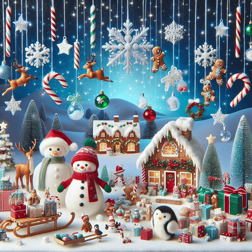 A Magical feeric starry christmas landscape at night with a snow man , candy canes ,holly leafs and snow flakes, cute penguin, Santa's reindeers, green, red and blue presents and a lot of toys, a sled, gingerbread boy and girl, snow globes, cute polar bears cub and a gingerbread house. Realistic. Plastic style. Background image