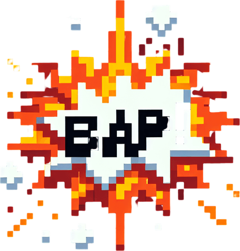 pixel art "bap!" explosion
Single Game Texture. In-Game asset. 2d. Blank background. High contrast. No shadows.