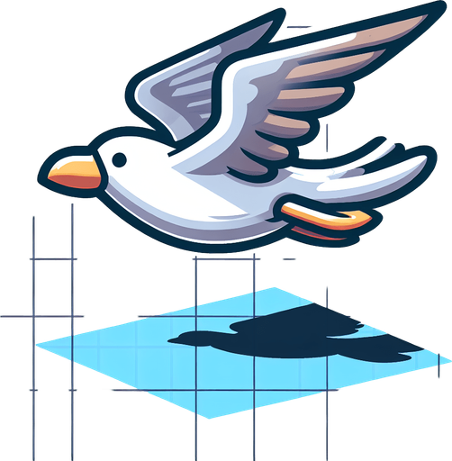 A cartoon seagull. Flying, side profile..
Single Game Texture.  In-Game asset.  2d.  Blank background.  High contrast.  No shadows