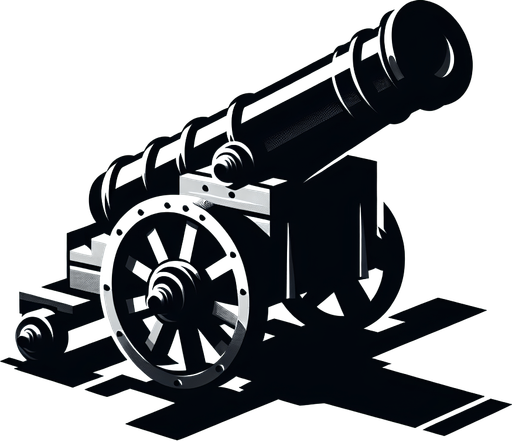 Black cannon.
Single Game Texture.  In-Game asset.  2d.  Blank background.  High contrast.  No shadows