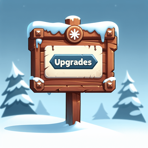 A wooden sign with text "UPGRADES" in a winter theme.
Single Game Texture. In-Game asset. 2d. Blank background. High contrast. No shadows.