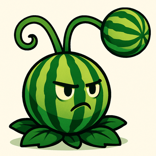 Melón como Cuerpo: La planta en sí parece ser un melón grande y redondo, con las características rayas verdes oscuras y claras de una sandía.

Cara y Hojas: Tiene dos ojos pequeños y una expresión que denota seriedad o concentración, propia de una planta de ataque. En su base, tiene hojas verdes que la asientan en el suelo.

Brazos de Enredadera con Melón: De la parte superior de su cuerpo, salen dos enredaderas o tallos verdes y enrollados que sostienen un melón más pequeño. Este melón es el "proyectil" que lanza. El mecanismo sugiere que es una especie de honda o catapulta natural..
In-Game asset.  2d.  High contrast.  No shadows