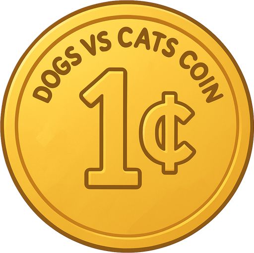 A golden shining coin with the words “dogs vs cats coin” at the top and the coin says “1¢” . No background. Transparent background. Blank background. No shadows. 2d. In-Game asset. flat