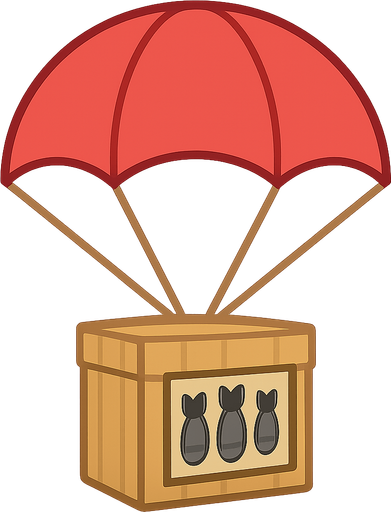Un paracaidas con una cja con bombas carton. No background. Transparent background. Blank background. No shadows. 2d. In-Game asset. flat