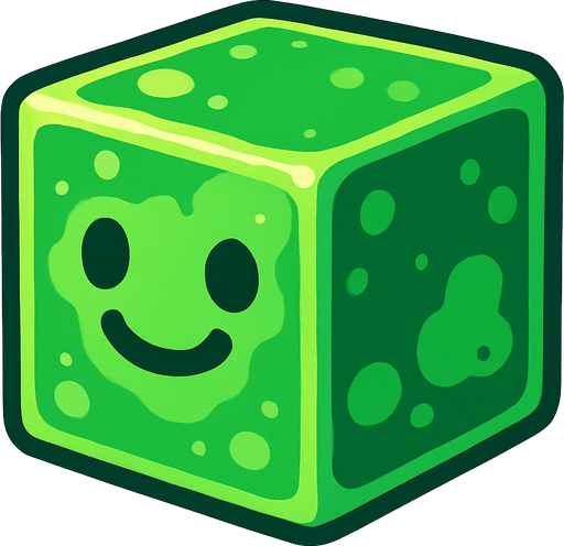 Cubo de slime con cara feliz.
In-Game asset.  2d.  High contrast.  No shadows