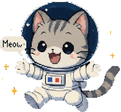 A cute gray kitten, drawn in an adorable chibi anime style and wearing an astronaut suit, floats in outer space with its little paws outstretched as if reaching out for a hug. It meows sweetly, and the entire scene is illustrated in charming Pixel Art style.