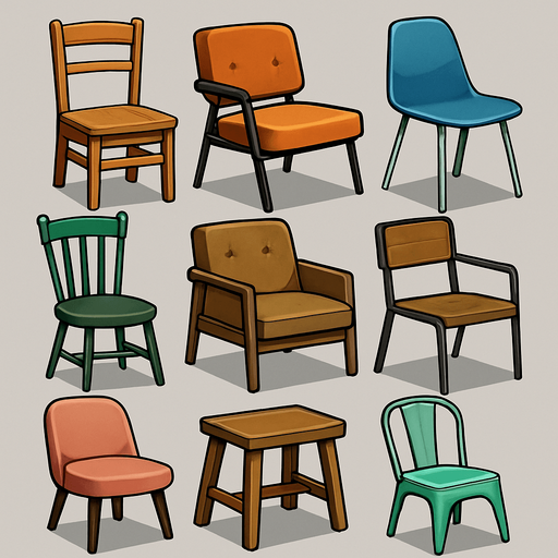 Pack of different chairs.
In-Game asset.  High contrast.  No shadows. 3D
