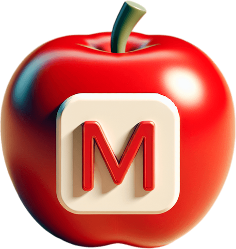 a white sign with a small "m" on a red apple..
Single Game Texture. In-Game asset. 2d. Blank background. High contrast. No shadows.