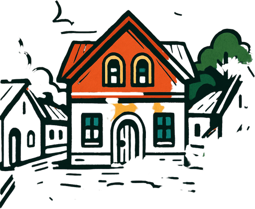 Un pueblo con casa y un piso café jojo's.
In-Game asset.  2d.  High contrast.  No shadows