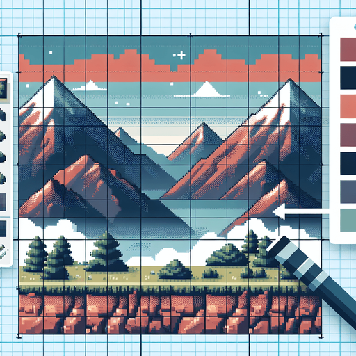 moutain landscape in pixelate look, make the background horizontally loopable.
Single Game Texture. In-Game asset. 2d. Blank background. High contrast. No shadows.