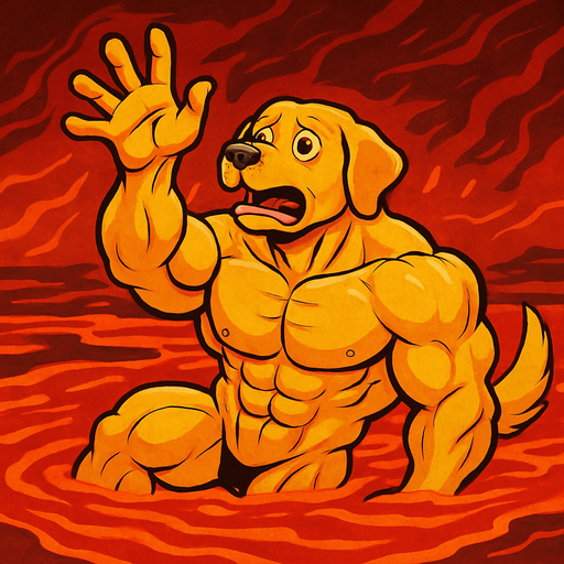 Super buff Golden dog with a hand up laying falling in lava holding his hand out for help. full body. Facing right.
2d.