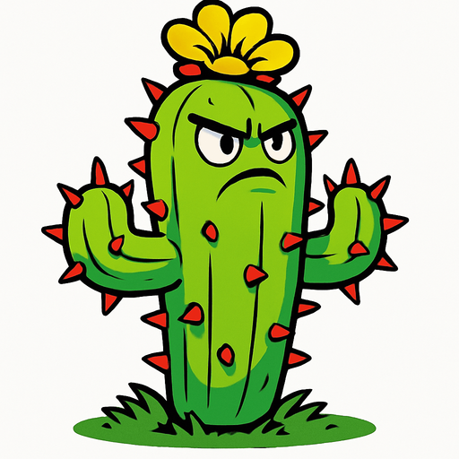 Cactus inspirado en Plants vs. Zombies. Planta verde con cuerpo segmentado cubierto de espinas rojas intensas, aspecto heroico y desafiante. Tiene una flor en la parte superior de color amarillo brillante y ojos decididos mirando hacia el frente. Postura erguida sobre césped, sin atacar, con estilo caricaturesco, líneas limpias, colores vivos y sin sombras. Fondo transparente, ideal como asset 2D para videojuego..
In-Game asset.  2d.  High contrast.  No shadows