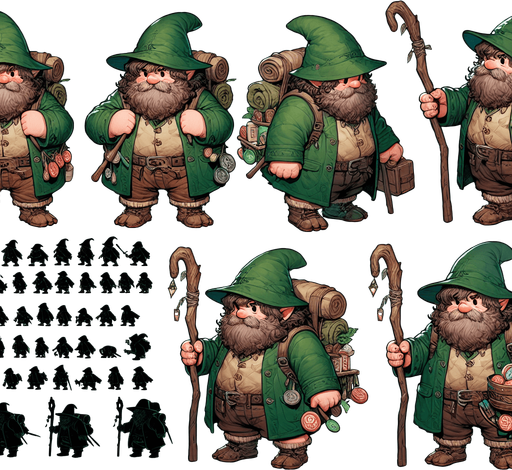 A spritesheet showing various poses of a chubby little hobbit wandering. he is in a green hunter's coat and with a green hat with a feather in it, and is carrying a backpack and holding a walking stick. there are many trinkets in his belt, some edible..
Single Game Texture. In-Game asset. 2d. Blank background. High contrast. No shadows.