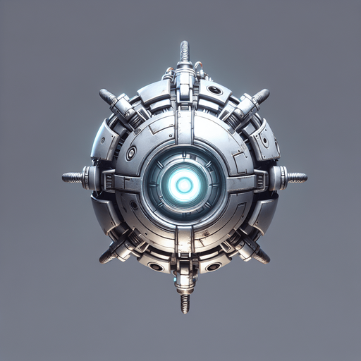 Top-down view of a floating mechanical robot with a circular body. Thin, robotic arms extend outward, metallic and glowing. The head is small with glowing eyes. Strictly top-down view, no perspective or angle. Clean and detailed for 2D gameplay.
Single Game Texture. In-Game asset. Top-down view. No shadows. 2D style. High contrast. Blank background.