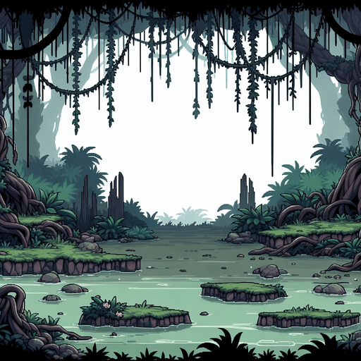 Cartoon tileable swamp background, dark
Single Game Texture. In-Game asset. 2d. Blank background. High contrast. No shadows.