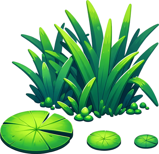 Green reeds with Lilly pad.
Single Game Texture.  In-Game asset.  2d.  Blank background.  High contrast.  No shadows