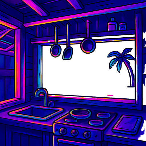 Inside the kitchen of a small wooden shack restaurant, looking out over the counter onto a beach view with long gradual gradients. No people inside or on the beach.